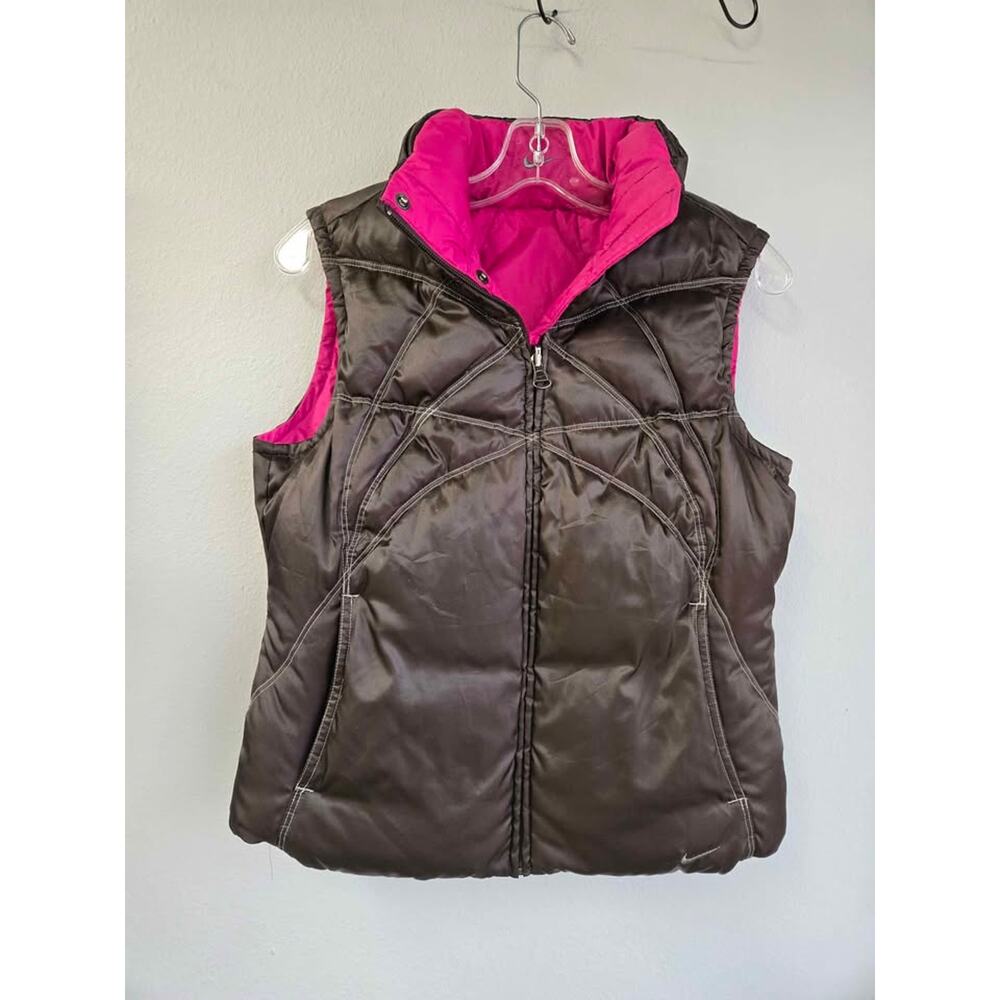 Nike Reversible Puffer Vest Hot Pink Brown Quilted Full Zip Sleeveless Medium